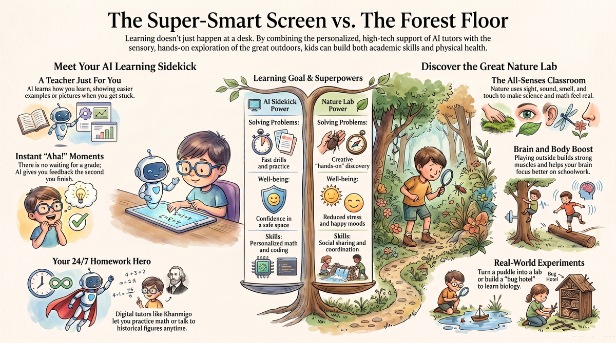 AI Tutors vs Nature: The Best Way to Learn?. Parenting & Media illustrated guide for kids | Discovery Rangers