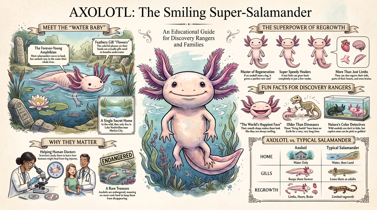Axolotl Superpowers: The Salamanders That Regrow!. Animal Science illustrated guide for kids | Discovery Rangers