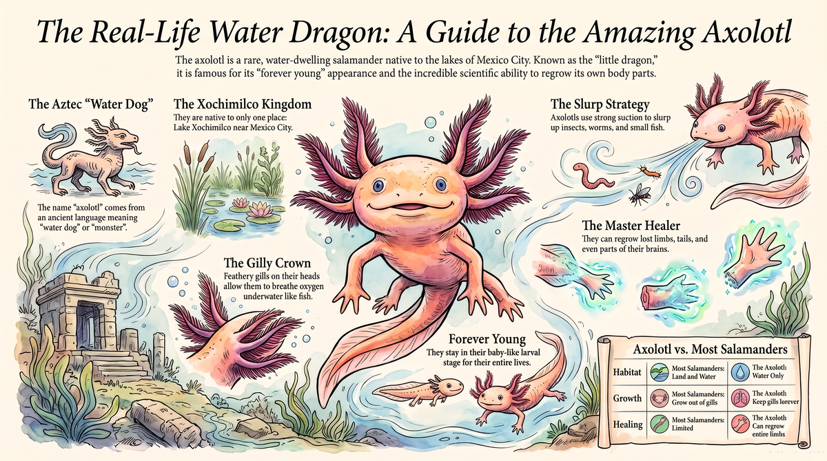 Axolotls: The Little Dragons of the Lake. Animal Science illustrated guide for kids | Discovery Rangers