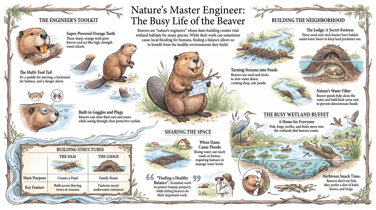 Beavers: Wetland Builders or Flood Nuisance?. Animal Science illustrated guide for kids | Discovery Rangers