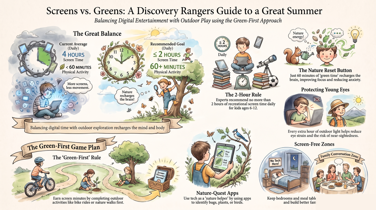 Screen Time vs Green Time: Balancing Summer Fun. Parenting & Media illustrated guide for kids | Discovery Rangers